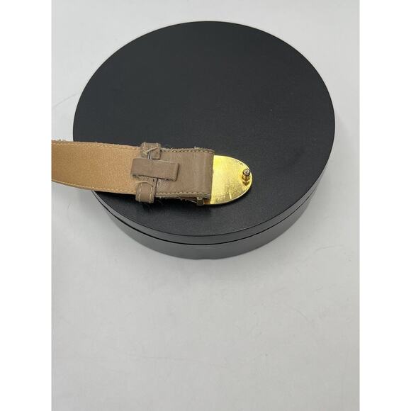 Christian Dior Tan Leather Belt Gold Tone Enamel Logo Buckle‎ Sz Sm 30”